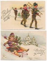 2 db RÉGI újévi üdvözlő képeslap, litho / 2 pre- 1945 New Year greeting postcards, litho