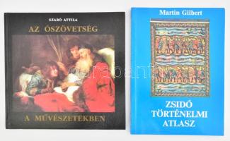 Szabó Attila: Az Ószövetség a művészetekben. Bp., 1991, Bibliaiskolák Közössége. Kiadói kartonált papírkötés. + Martin Gilbert: Zsidó történelmi atlasz. Ford.: Kiss Marianne. Bp., 1991, Gondolat. Kiadói papírkötés.