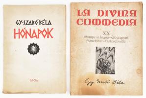 Dante Alighieri: La Divina Commedia. A művész által DEDIKÁLT példány! Kolozsvár, 1976, Dacia. Gy. Szabó Béla 20 db fametszetével illusztrálva. Magyar, olasz, román és német nyelven. Kiadói papírkötés, foltos borítóval és lapokkal, a gerincen szakadással, a hátsó borító,a hátsó szennylap és az utolsó tábla szakadt, 43,5x33,5 cm. + Gy. Szabó Béla: Hónapok. Gy. Szabó Béla (1905-1985) fametszetei. (Kolozsvár, 1973), Dacia. Kiadói papírkötésben, foltos, szakadt borítóval, kissé foltos lapokkal, kijáró lapokkal, megviselt állapotban, ajándékozási sorokkal, 42x30 cm.