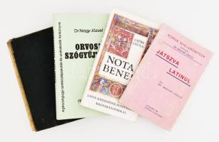 4 db latin témájú könyv: Magyar-Latin szótár; Játszva latinul; Nota Bene. Latin kifejezések, elnevezések magyarázatokkal; Orvosi latin szógyűjtemény. Változó állípotban.