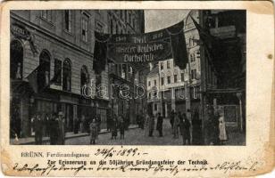 1899 (Vorläufer) Brno, Brünn; Ferdinandsgasse, Zur Erinnerung an die 50 jähriger Gründungsfeier der Technik, 1849-1899 Heil unserer deutschen Hochschule / 50th anniversary of the foundation of a German university, hotel (worn corners)