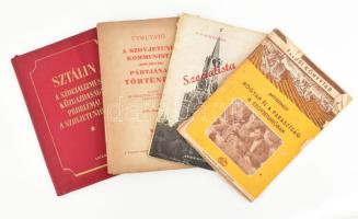 4 db szovjet témájú kötet: Anyiszimov: Hogyan él a parasztság a Szovjetunióban; G. D. Kosztomarov: A Szocialista Moszkva; Útmutató a Szovjetunió Kommunista (Bolsevik) Pártjának Története egyéni és középfokú szemináriumi tanulásához; Sztálin: A szocializmus közgazdasági problémái a Szovjetunióban. Változó állapotban.