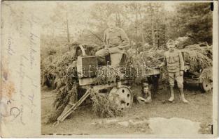 1917 Osztrák-magyar álcázott ágyúcső szállító szekér katonákkal / WWI K.u.k. military camouflaged gun barrel transport cart with soldiers. photo + "K.u.k. 30,5 cm Mörserbatt. No. 17." (EK)