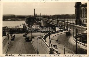 Budapest IX. Boráros tér, Horthy Miklós híd (Petőfi híd) pesti hídfő, vasút és autók, Elevátor