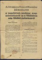 1945 2db nagybirtok-rendszerrel kapcsolatos nyomtatvány, mint egy Birtoklevél illetve egy rendelet a...