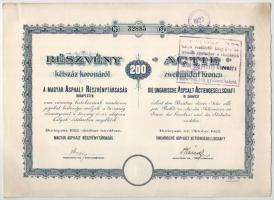 Budapest 1920. "Magyar Asphalt Részvénytársaság" részvénye 200K-ról, magyar és német nyelv...