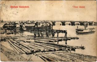 1910 Szolnok, Tisza részlet, híd, faúsztatás (fa)