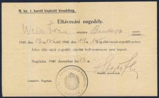 1940 Eltávozási engedély munkaszolgálatos részére
