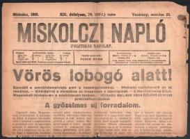 1919 Miskolci napló március 23-i száma a kommün kikiáltásának híreivel