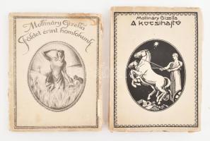 Mollináry Gizella 2 műve:   Földet érint homlokunk! A szerző, Mollináry Gizella (1896-1978) írónő által ALÁÍRT példány! Bp., 1929, Szerző,("Otthon"-ny.), 78 p. A borító Gebauer Ernő (1882-1962) festőművész munkája. Kiadói papírkötés, szakadozott, kissé foltos borítóval, sérült kötéssel.;   A kocsihajtó. Bp., 1934, Szerzői kiadás,("Otthon"-ny.), 161+1 p. A borító Gebauer Ernő (1882-1962) festőművész munkája. Kiadói papírkötés, szakadozott borítóval, javított gerinccel.;