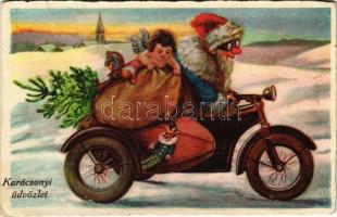 1931 Karácsonyi üdvözlet, motorkerékpáros Mikulás / Christmas greeting, Saint Nicholas riding on a motorbicycle. WSSB 2048, (fl)