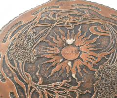 Nagy méretű bronzírozott öntöttvas asztal virágállvány. szecessziós nap mintával.. Patinázott, gyárt...