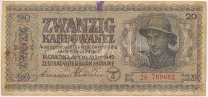 Ukrajna / Német megszállás 1942. 20K T:F folt, kis beszakadások Ukraine / German occupation 1942. 20 Karbowanez C:F spotted, small tears Krause 52