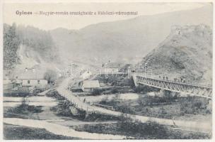 Gyimes, Ghimes; Magyar-román országhatár a Rákóczi várrommal, vasúti híd. Szvoboda Miklós kiadása / castle ruins, Hungarian-Romanian border, railway bridge (fl)