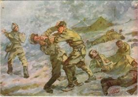 Burgucs Pál szakaszvezető géppisztolyával egymaga semmisített meg egy héttagú szovjetjárőrt / WWII Hungarian military art postcard s: Garay (EK)