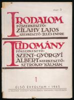 1945 Irodalom Tudomány. 1. évfolyam, 1 szám. Szerk.: Zilahy Lajos, Illés Endre, Szent-Györgyi Albert, Sztrókay Kálmán. A borítót Falus Elek rajzolta. Bp., 1945, Magyar-Szovjet Művelődési Társaság, (Forrás-ny.) Kiadói papírkötés, a borító sérült, kissé hiányos, a füzet elvált a borítótól.