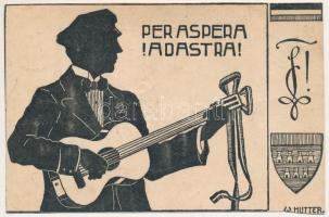 Nagyszeben, Hermannstadt, Sibiu; &quot;Per aspera ad astra&quot; kézzel rajzolt sziluett művészlap, studentika. Kunstanstalt Jos. Drotleff / hand-drawn silhouette art postcard, Studentica (vágott / cut)