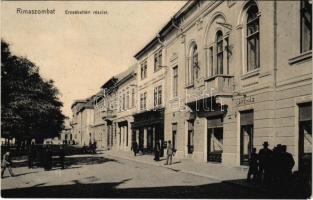 1912 Rimaszombat, Rimavská Sobota; Erzsébet tér, étterem és kávéház, Lévai Izsó üzlete és saját kiadása / square, restaurant and café, publisher&#039;s shop (Rb)