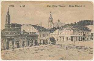 1922 Zilah, Zalau; Piata Mihai Viteazul / Mihai Viteazul tér, Nagy Árpád, Éder M. és Fia, Seres Lajos, Seres Samu üzlete és saját kiadása / square, shops (kopott sarkak / worn corners)