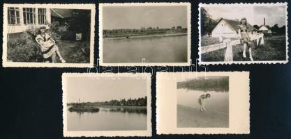 1941-1942 Mindszent, Tisza-parti életképek (csónakázás, gőzhajó, stb.), 11 db fotó, 9x6 cm