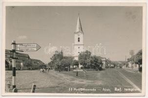 1943 Nyárádszereda, Miercurea Nirajului; Fő tér, Református templom, ökrös szekér / main square, Calvinist church, ox cart (fl)