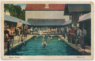 1930 Zajzon, Zaizon-fürdő, Zajzonfürdő, Baile Zizin; Baia rece / hideg fürdő, fürdőzők / spa, bathers (EM)