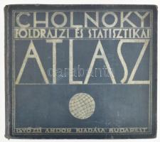 1934 Dr. Cholnoky Jenő: Földrajzi és statisztikai atlasz. 78 fő- és 155 melléktérkép. Világstatisztika. Szerk.: - - . Bp., 1934, Győző Andor, 144+(2) p. + 141 t. (színes térképek, közte kihajthatóak) + 137+(3) p. Harmadik kiadás. Kiadói haránt-alakú egészvászon-kötés, kopott borítóval, laza fűzéssel.