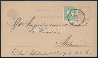 1890 2kr díjjegyes levelezőlap 3kr díjkiegészítéssel Milánóba / PS-card to Milan