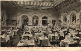 Budapest V. Grand Hotel Hungaria nagy szálloda, Télikert belső. Hátoldalon az 1910-es Kulináris Kiállítás menüsora Elemér Zbinyovszky-tól (EK)