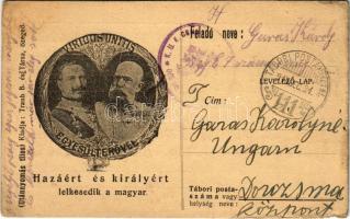 1915 Hazáért és királyért lelkesedik a magyar. Egyesült erővel - Viribus Unitis! Osztrák-magyar tábori postai levelezőlap Ferenc József és II. Vilmos képével / K.u.K. Feldpost / WWI Austro-Hungarian K.u.K. military field post with Franz Joseph and Wilhelm II, Viribus Unitis propaganda (szakadás / tear)