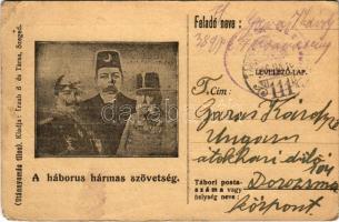 1916 A háborús hármas szövetség: I. Ferenc József, II. Vilmos, V. Mehmed. Traub B. és Társa kiadása. Osztrák-magyar tábori postai levelezőlap / K.u.K. Feldpost / WWI Austro-Hungarian K.u.K. military field post with Franz Joseph I of Austria, Wilhelm II, Mehmed V (EM)