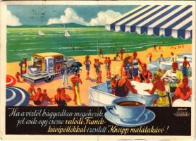 1937 Franck kávépótlóval ízesített Kneipp malátakávé reklám. Franck Henrik Fiai Rt. hangszórós reklámautója, Klösz Coloroffset / Hungarian malt coffee advertisement s: Gebhardt (fa)