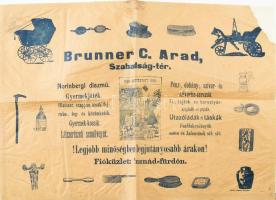 cca 1900 Brunner C. aradi (Erdély) vegyeskereskedő rajzos, termékekkel illusztrált dekoratív csomagolópapírja, hajtva, hátoldalon restaurátor által papírral megerősítve, 48×36 cm