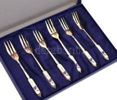 Süteményes villa szett, porcelán berakással, 6 db, jelzett, díszdobozban, h: 13,5 cm