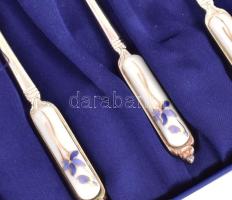 Süteményes villa szett, porcelán berakással, 6 db, jelzett, díszdobozban, h: 13,5 cm