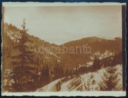 1917 Huszárok menetelnek a Pogány-Havasokban Erdélyben, hátoldalon feliratozott fotó, 9×12 cm