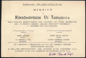 1943 Meghívó a Képzőművészek Új Társasága (KUT) Nemzeti Szalonbeli kiállítására, Frank Frigyes (1890-1976) festőművész eredeti aláírásával, jó állapotban