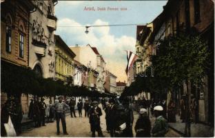 1913 Arad, Deák Ferenc utca, üzletek. Husserl M. kiadása / street view, shops