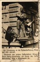 1933 Wien, Vienna, Bécs; Zur Erinnerung an die Türkenbefreiung Wiens vor 250 Jahren. Denkmal des ersten Cafesieders Wiens Franz Georg Kolschitzky am Hause des Cafe Kolschitzky. Favoritenstr. 64. / In memory of the liberation of Vienna from the Turkish occupation 250 years ago. Monument to Vienna's first cafe owner, Franz Georg Kolschitzky, at the Cafe Kolschitzky building. photo (fa)