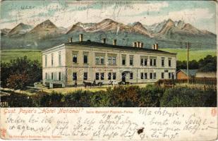 1905 Poprád (Tátra, Magas-Tátra, Vysoké Tatry); Payer Gusztáv féle Nemzeti szálloda, kávéház és étterem a Poprád-Felka pályaudvar és a villamos vasútállomás mellett. Ed. Feitzinger / Payer's Hotel National beim Bahnhof "Poprád-Felka" / hotel, café, restaurant near the railway station and tram station of Poprad-Velká (EK)