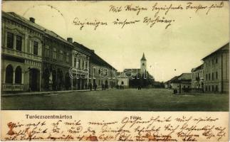 1912 Turócszentmárton, Turciansky Svaty Martin; Fő tér, Max Grossmann üzlete, szálloda, Moskóczi Ferencné könyvnyomdája és könyvkötészete és saját kiadása / main square, shops, hotel, publisher's book printing house (apró szakadás / tiny tear)