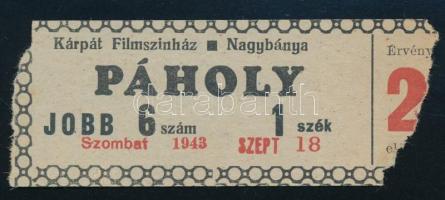 cca 1943 A nagybányai (Erdély) Kárpát mozi "Egér a palotában" című filmre szóló páholyjegye