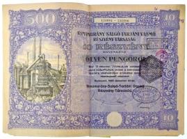 Budapest 1925. "Rimamurány-Salgó-Tarjáni Vasmű Részvény-Társaság" 10db részvénye egyenként 50P-ről, szárazpecséttel és felülbélyegzésekkel, szelvényekkel T:F kis sarokhiányok