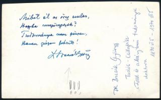 Dr. Bacsák György (1870-1970) tudós-csillagász a föld és ásványtani tudományok doktora frappáns négysorosa és aláírása az őt ábrázoló fotó hátoldalán