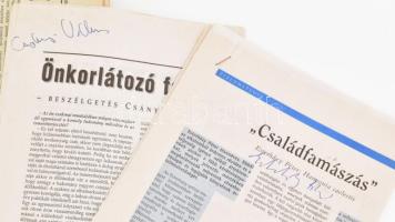 Írók aláírásai újságlapokon (9 db): Esterházy Péter, Csányi Vilmos, Cserépfalvi Imre, Borbándi Gyula...