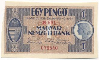 1938. 1P "H 961 076540" T:F hajtatlan, de anyaghiány, apróbb gyűrődések, kézi vágás nyoma Hungary 1938. 1 Pengő "H 961 076540" C:F unfolded, but missing material, small creases, cut mark Adamo P1