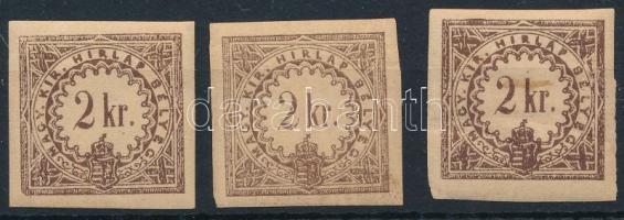 1868 3 db Hírlapilleték bélyeg 2kr eltérő színárnyalatban