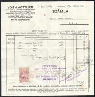 1938 Voith Gottlieb Háztartási és Gazdasági Vegyészeti Cikkek Gyártása és Nagykereskedése, "Persil" mosószer - Budapest, VI. Kartács u. 24-26. fejléces számla, klf. felülbélyegzésekkel, valamint az árvédelmi egyezményre vonatkozó hivatkozásokkal, és az árrontás kifejezett tiltásáról szóló tájékoztatással