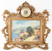 Olasz képóra. Öntött bakelit keretben nyomat kép, beékelt kvarc órával. 63x65 cm
