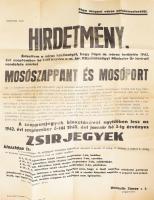 1942 HIRDETMÉNY Mosószappan és mosópor és Zsírjegyek szétosztása tárgyában Pápa m. város polgármesterétől, Keresztény Nemzeti Nyomdavállalat, Pápa m: 47x62 cm